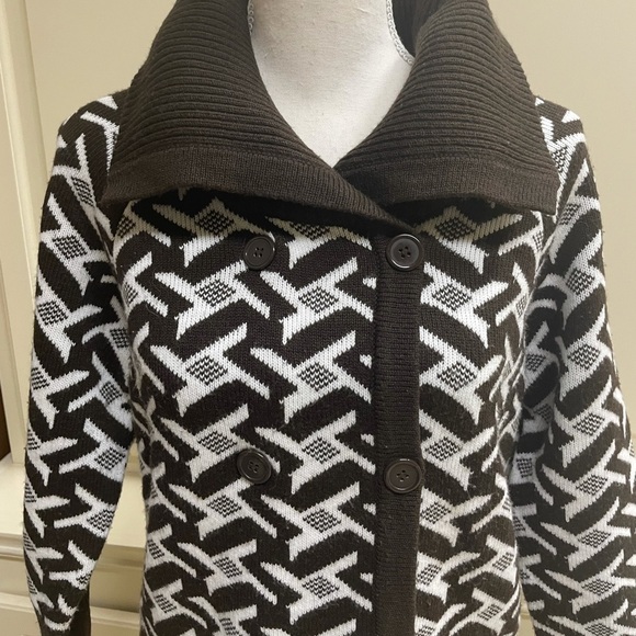 Vintage Brown Cream Houndstooth Knit Sweater Double Breasted Contrast Collar SM - Picture 8 of 13